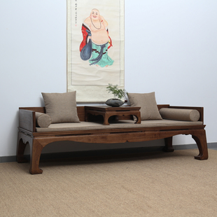 仿古实木罗汉床 北美黑胡桃中式 沙发床老榆木原木禅意设计师家具