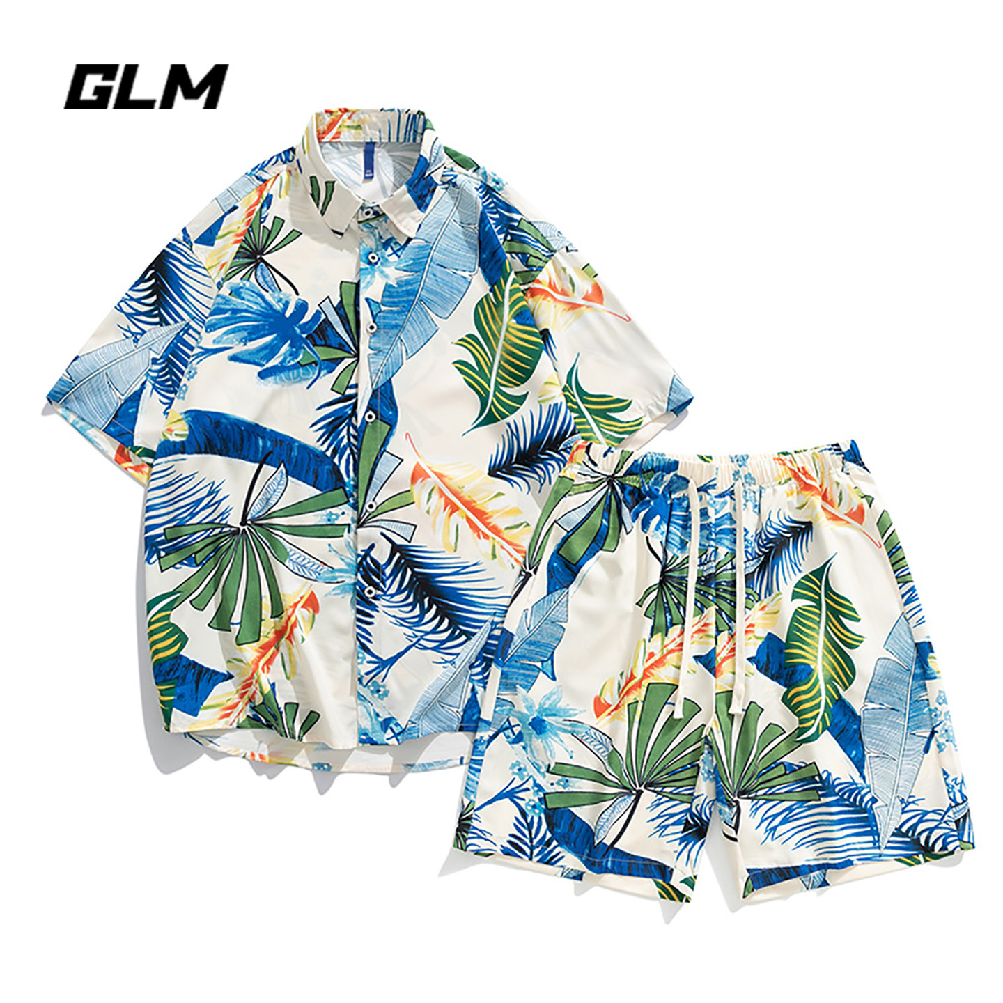 GLM夏威夷风椰树满印短袖衬衫休闲运动套装