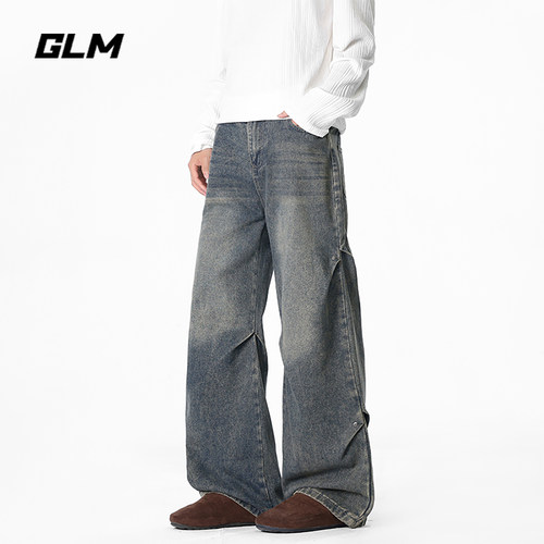GLM美式水洗褶皱直筒牛仔裤男秋季街头宽松阔腿潮流百搭休闲长裤