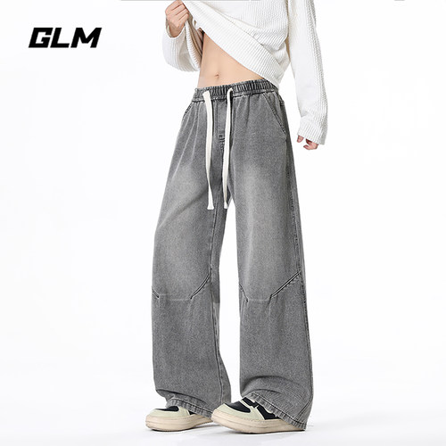 GLM美式解构男士宽松阔腿牛仔裤男秋季新款抽绳垂感百搭拼接长裤