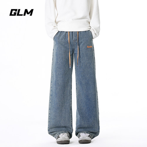 GLM美式青少年抽绳水洗牛仔裤男秋季潮牌宽松直筒阔腿休闲长裤子