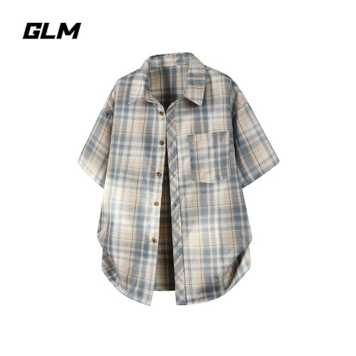 GLM美式复古格子短袖衬衫男款夏季潮牌宽松休闲百搭透气衬衣上衣