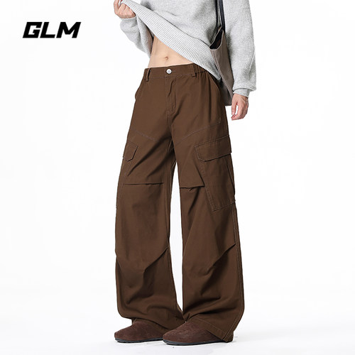 GLM美拉德棕色大口袋阔腿工装裤男款2026秋季潮牌宽松直筒休闲裤