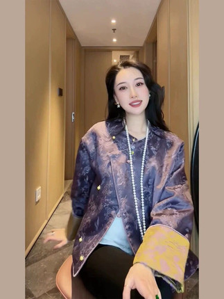 新中式国风紫色提花宋锦外套女2025早春新款小个子禅意短款上衣