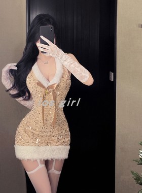 iosgirl误入沼泽！金色圣诞包臀裙辣妹私房纯欲连衣裙制服睡衣