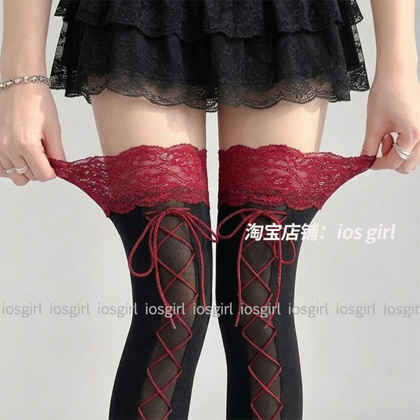 iosgirl哥特Lolita酒红蕾丝过膝长筒袜女交叉绑带镂空个性ins潮袜