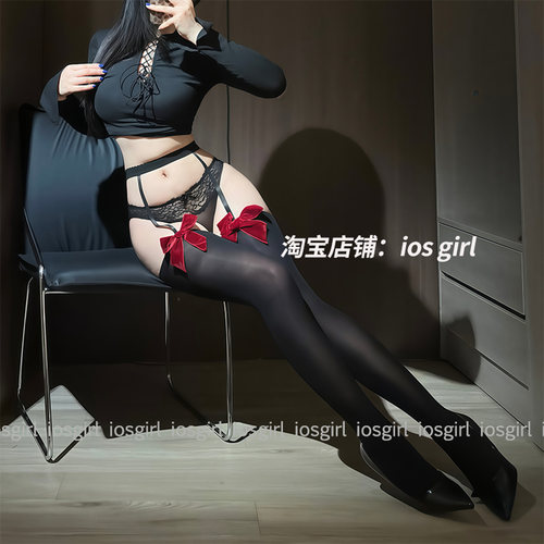 性感丝绒蝴蝶结过膝吊带袜黑丝