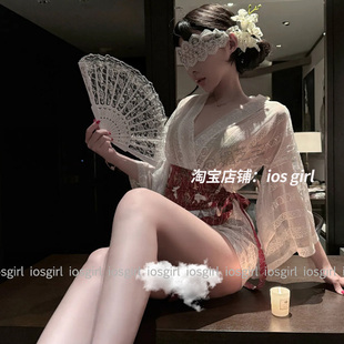 iosgirl性感风日系复古半透和服睡裙女私房睡袍长袖V领女仆套装