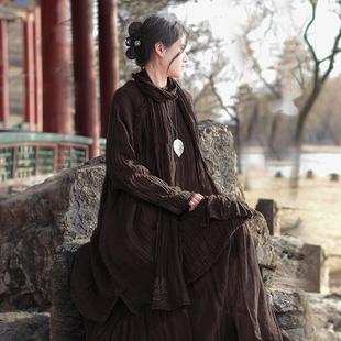 复古斜襟绣花肌理亚麻中长 宽松禅意中式 花枝秾原创春季 新款