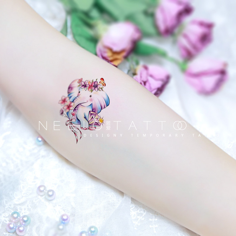 neeio纹身贴 炫彩小象 超仙少女脚踝小图卡通大象花朵 贴纸防水真