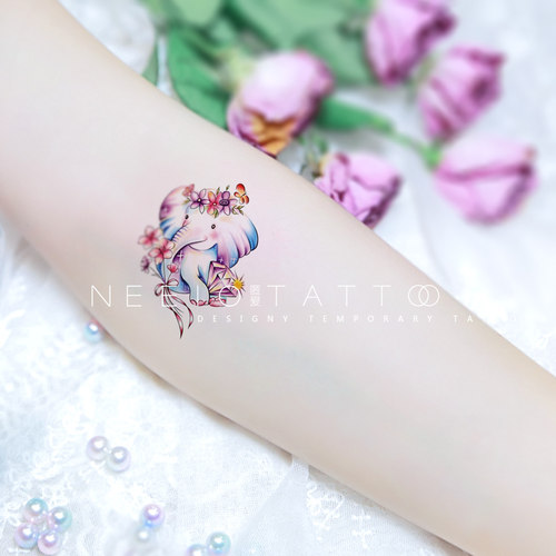 neeio纹身贴 炫彩小象 超仙少女脚踝小图卡通大象花朵 贴纸防水真
