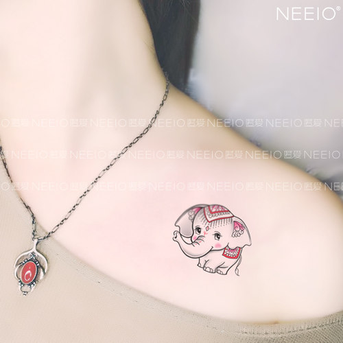 neeio纹身贴 萌萌小象 可爱卡通动物贴纸彩色大象 防水逼真持久女