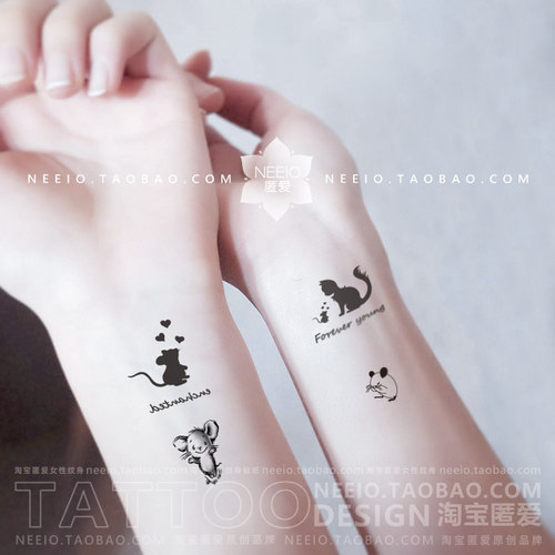 neeio新版小老鼠和猫咪纹身贴 个性可爱黑色系手腕简约小图防水女
