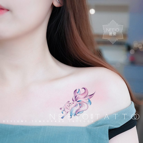 neeio纹身贴 梦幻九尾狐 小清新彩色蓝紫仙女狐狸胸前脚踝 防水女