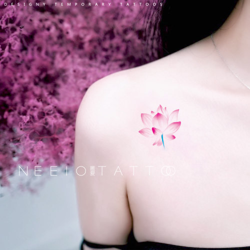 neeio原创纹身贴 淡雅粉小莲花 古风彩色水墨荷花性感瑜伽 防水女
