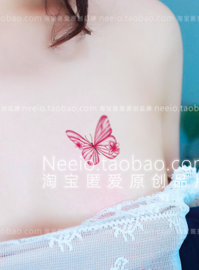 neeio纹身贴 仙梦桃花蝴蝶 清新性感红色胸前锁骨脚踝防水贴纸女