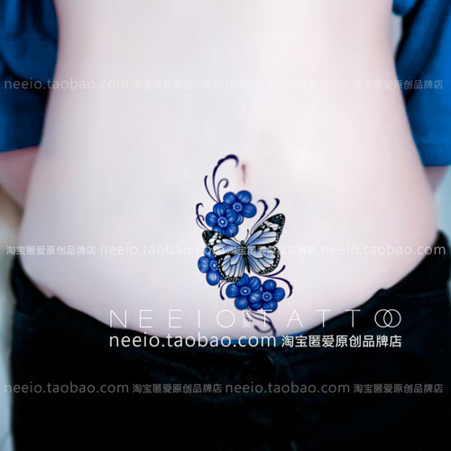 neeio纹身贴 蓝色蝴蝶花朵藤蔓 遮脚踝小腹竖疤痕古风贴纸防水女