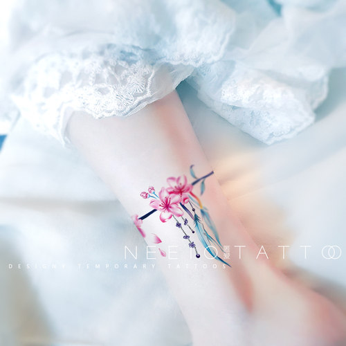neeio原创纹身贴 古风桃花羽毛 超仙清新彩色花朵脚踝手环 防水女