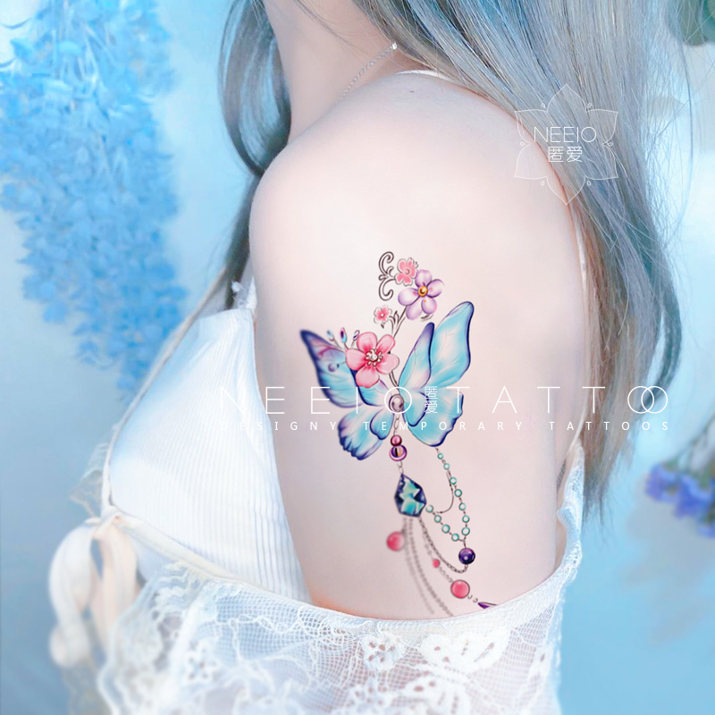 neeio纹身贴 蝶影 古风清新仙女蓝色蝴蝶花珠宝腿脚踝花臂 防水女