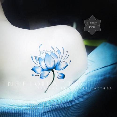 neeio原创纹身贴 蓝色水墨莲花 古风艺术写真性感荷花 防水持久女