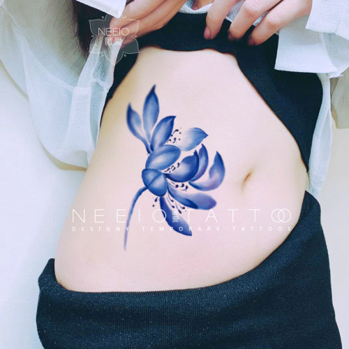 neeio纹身贴古韵蓝莲花 瑜伽古风水墨荷花大腿肩背腹部大图防水女