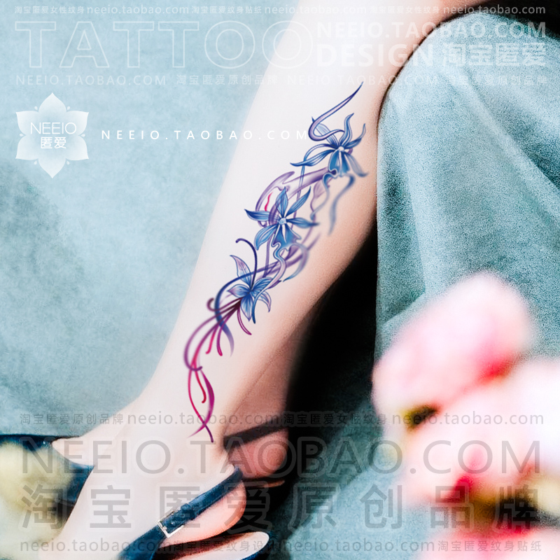 neeio神秘幽灵兰花 蓝色系纹身贴小腿手臂小腹遮疤痕大图案防水女