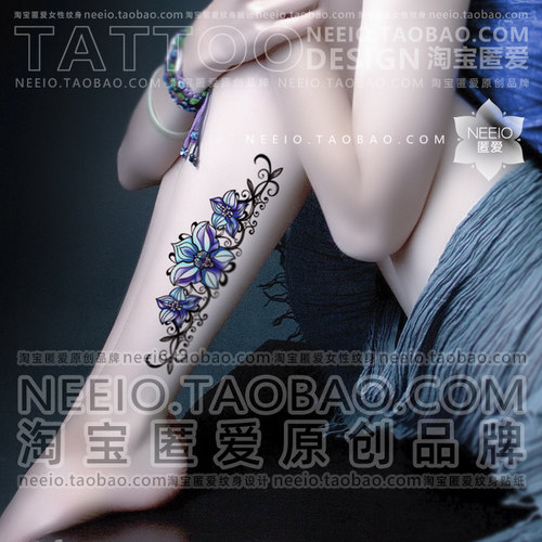 neeio纹身贴 兰花藤蔓 蓝色花朵遮挡小腿腹部长疤痕大图案防水女