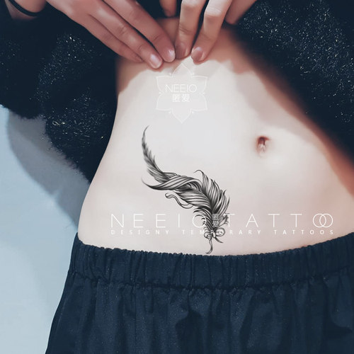 neeio纹身贴 黑色羽毛蝴蝶结 遮挡肚子小腹部阑尾横竖疤痕 防水女
