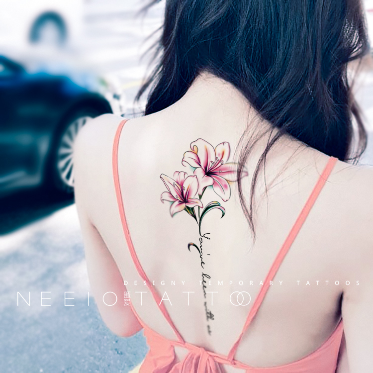 neeio纹身贴 ins风百合花英文 小清新彩色仙后背脊柱大图案防水女