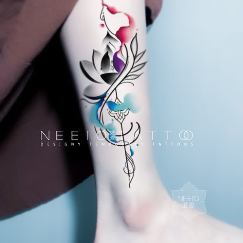 neeio纹身贴 墨韵莲花 抽象水墨荷花后背小腿大花臂 防水男女