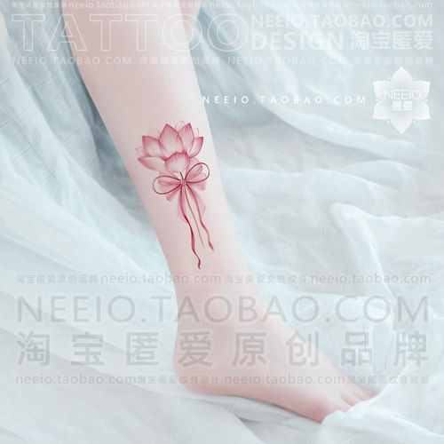 neeio莲花蝴蝶结 古风纹身贴水墨荷花原创脚踝手臂颈后防水女
