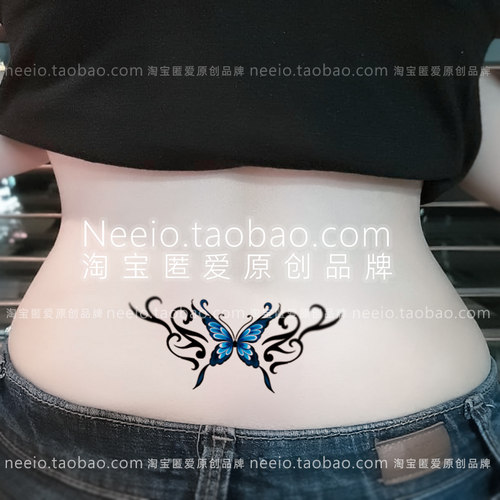 neeio纹身贴 蓝色蝴蝶图腾 性感个性简约腰部小腹遮疤痕防水女