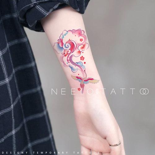 neeio纹身贴 古风仙鹤祥云 超仙女小清新彩色花臂脚踝 防水女