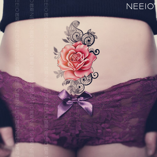 neeio纹身贴 蕾丝红玫瑰花 遮盖剖腹产竖疤痕性感 肚子贴纸防水女