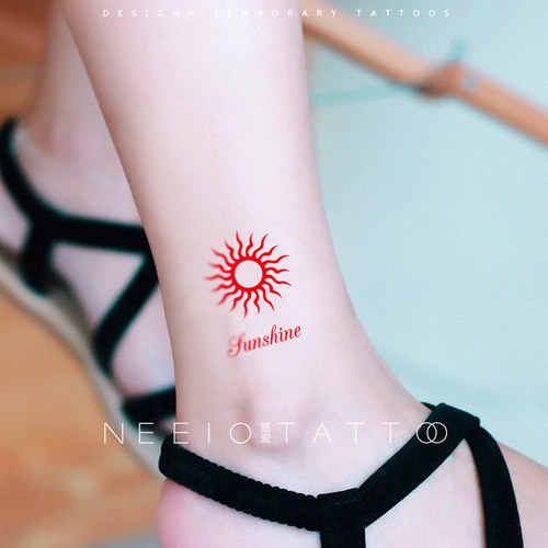 neeio纹身贴 红色太阳图腾 简约线条个性脚踝 防水持久逼真 男女