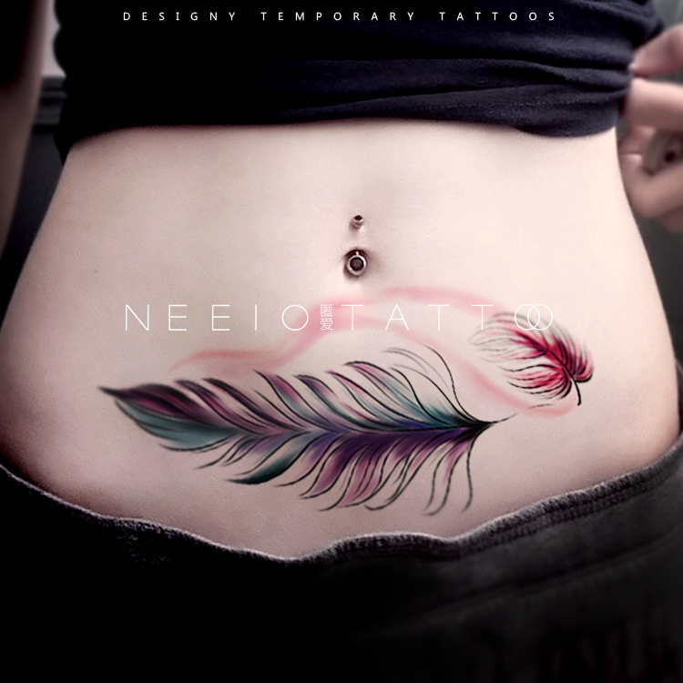 neeio纹身贴 暗彩大羽毛 蓝紫水墨手绘小腿大图遮疤痕贴纸 防水女