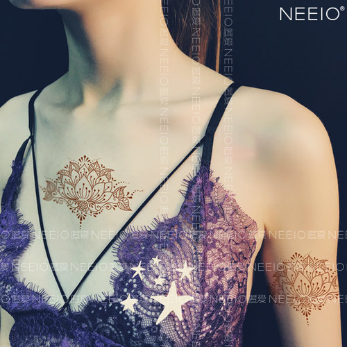 neeio原创纹身贴 海娜莲花 棕咖色手绘胸前性感 防水女