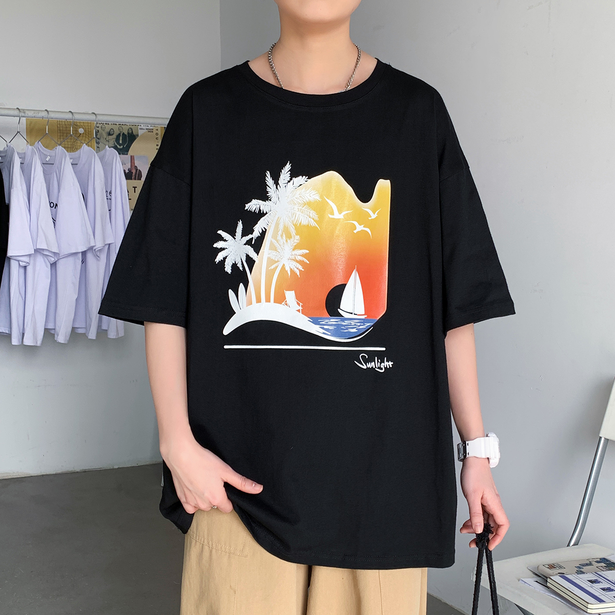 2021 xiachao brand loose beach bikini half sleeve T-shirt with 5-sleeve pure cotton