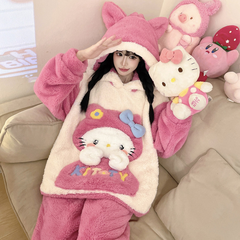 珊瑚绒卡通睡衣女士加大码加厚加绒长毛绒韩版肥码少女套装家居服