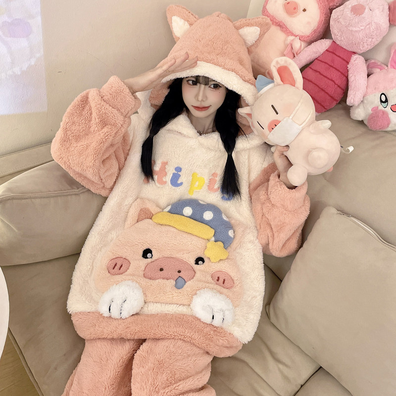 珊瑚绒卡通睡衣女士加大码加厚加绒长毛绒韩版肥码少女套装家居服