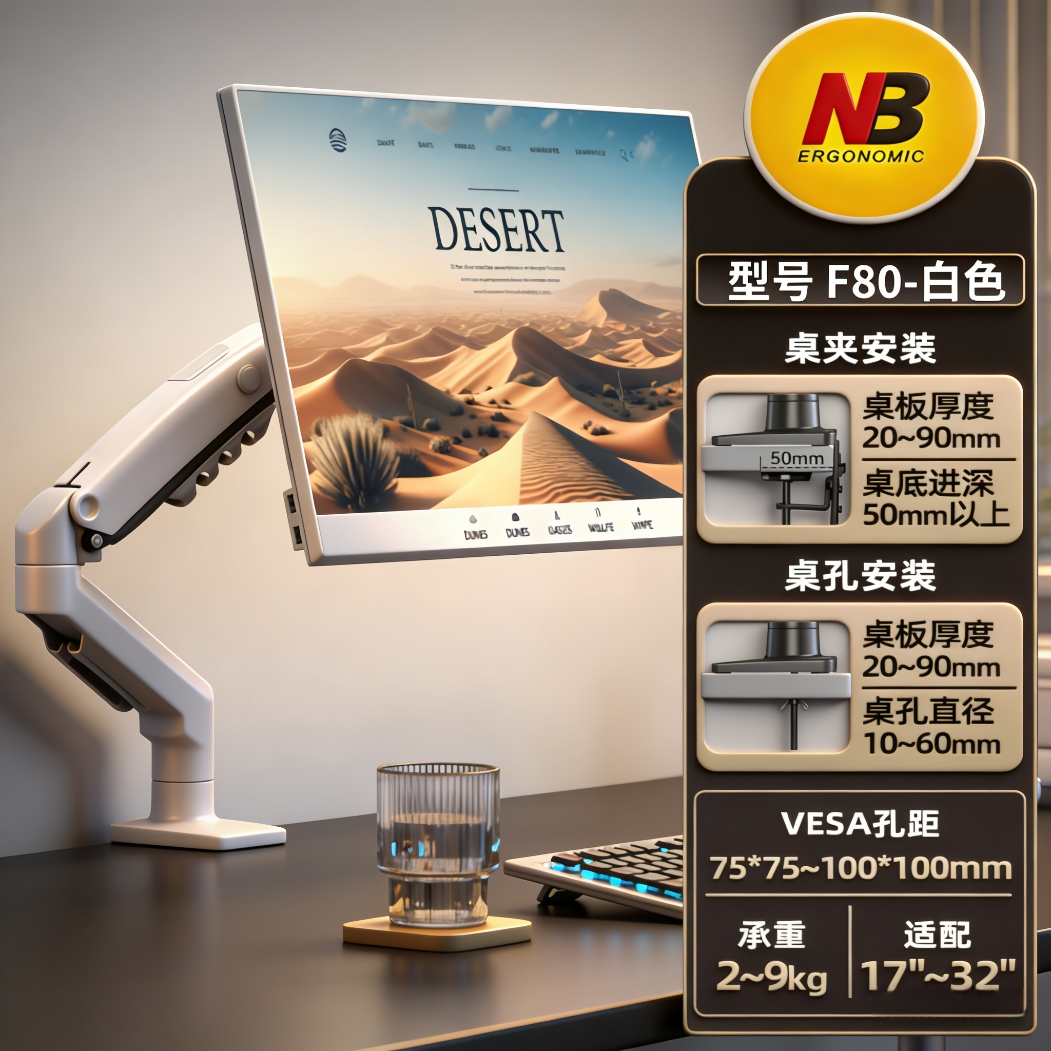 NB F80 显示器支架桌面电脑屏幕机械臂升降旋转悬臂支架17-32英寸