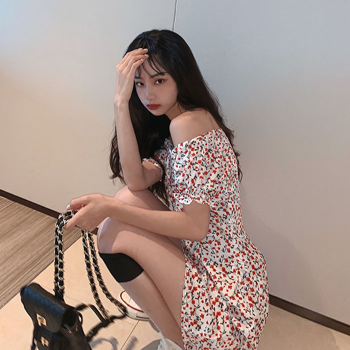 Real shot real price South Korea versatile floral off the shoulder two wear short sleeve dress