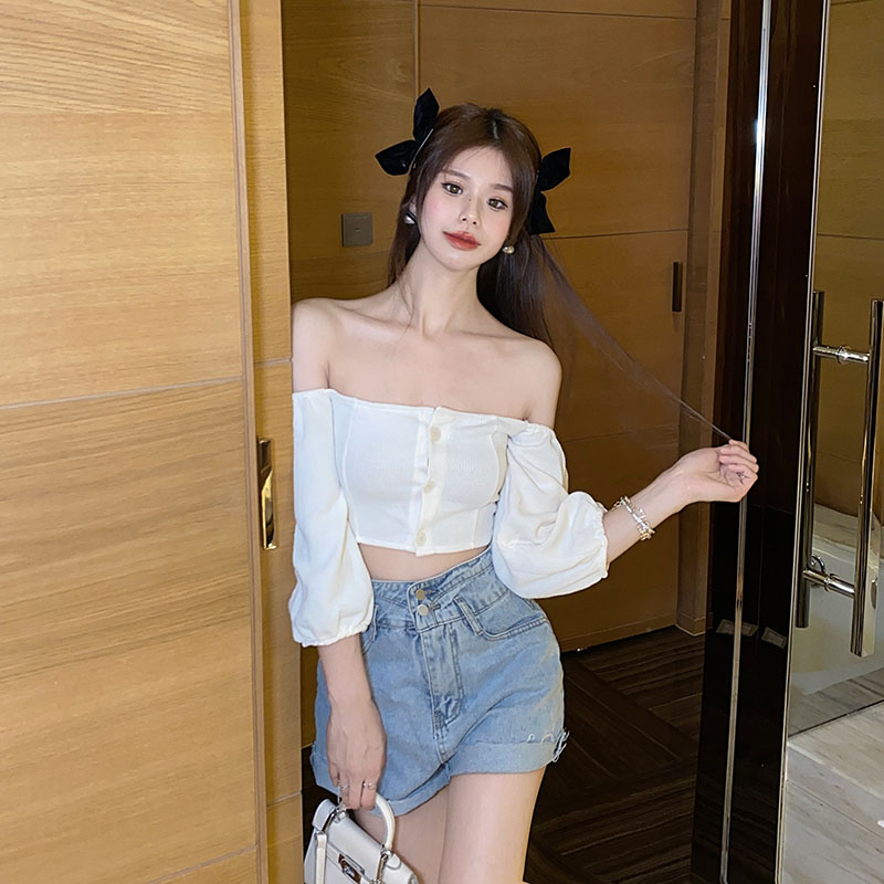 Real Price vintage one shoulder bubble sleeve high waist open navel knitted cardigan women's top