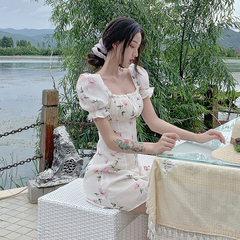 Real Price vintage printed square neck short sleeve sweet floral dress