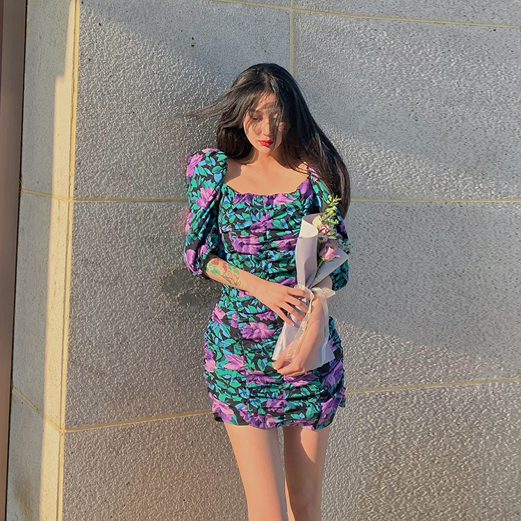 Real price retro slim sexy square collar collar clavicle floral wrap hip dress