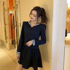 French Vintage long sleeve close waist slim V-neck Navy Dress