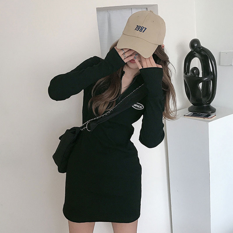 Real price design sense slim Lapel zipper stand collar buttock dress