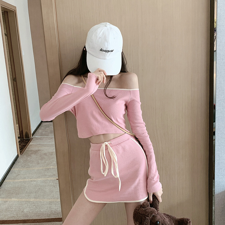 Real shot Real Price Pink Girls' sports suit one shoulder Sports Top + high waist skirt