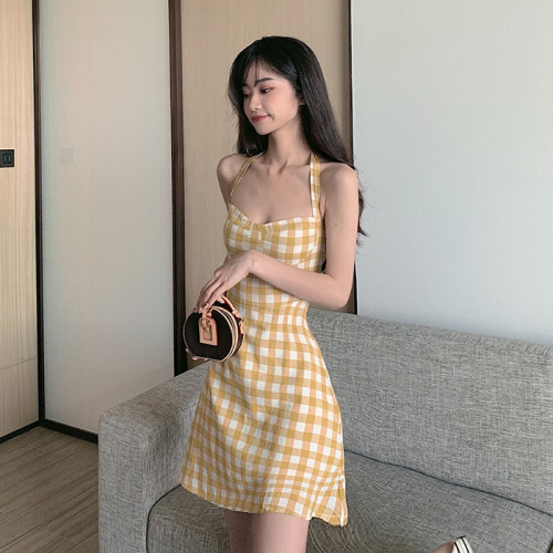 Real price French retro yellow Plaid neck suspender dress