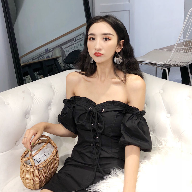 Video real shot real price retro French bubble sleeve one neck dress